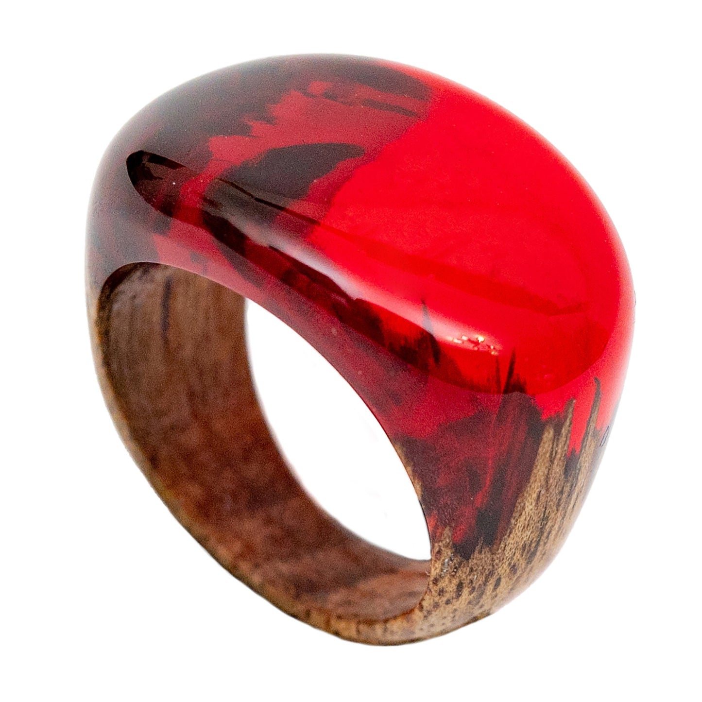 Handmade Ruby Red Resin Wood Ring: Unisex Low Profile