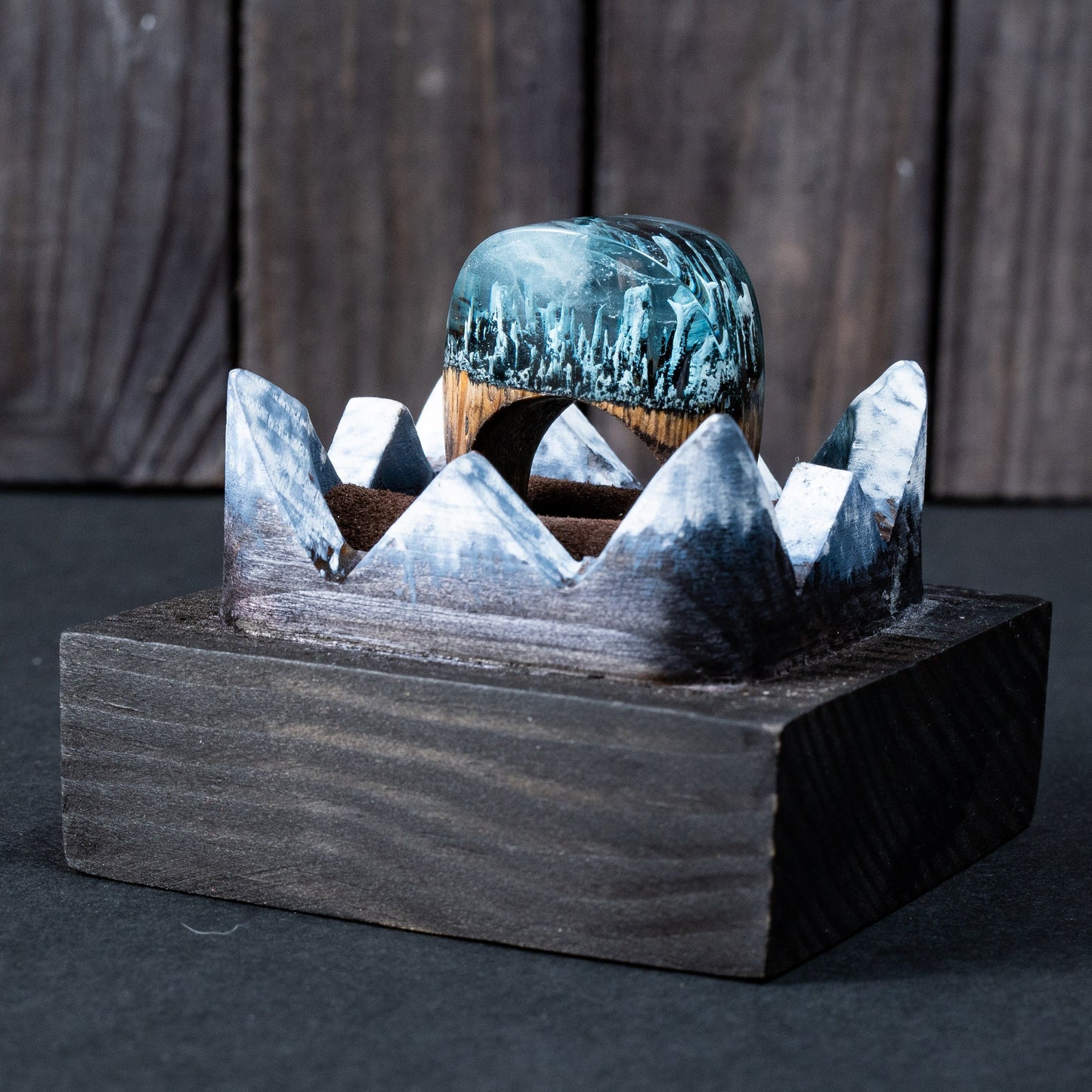 Enchanted Forest Wood Resin Ring: Snow Blizzard Landscape