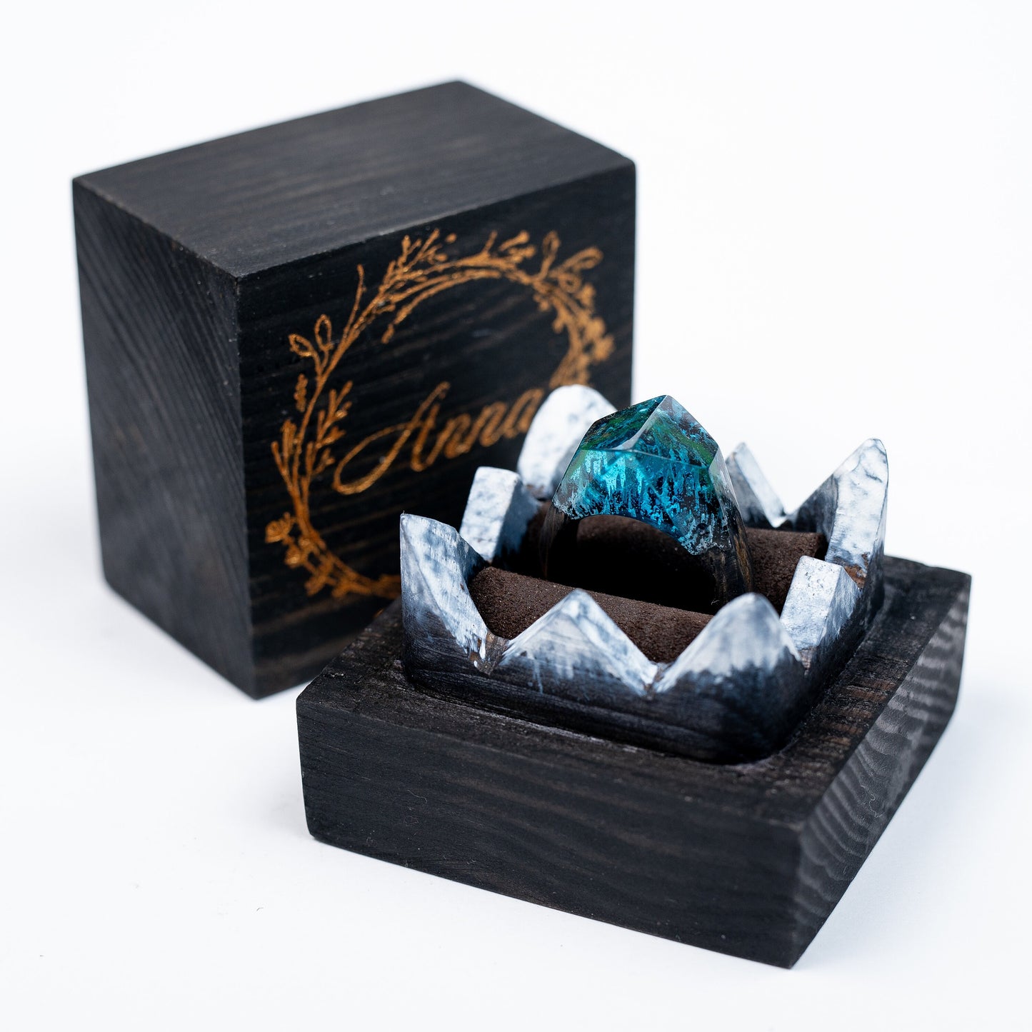 Aurora Borealis Resin Ring: Northern Lights Landscape, Oak Wood Band