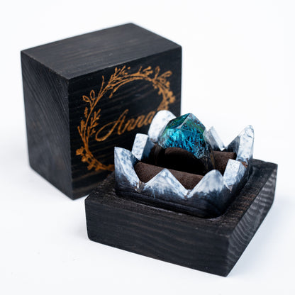 Aurora Borealis Resin Ring: Northern Lights Landscape, Oak Wood Band