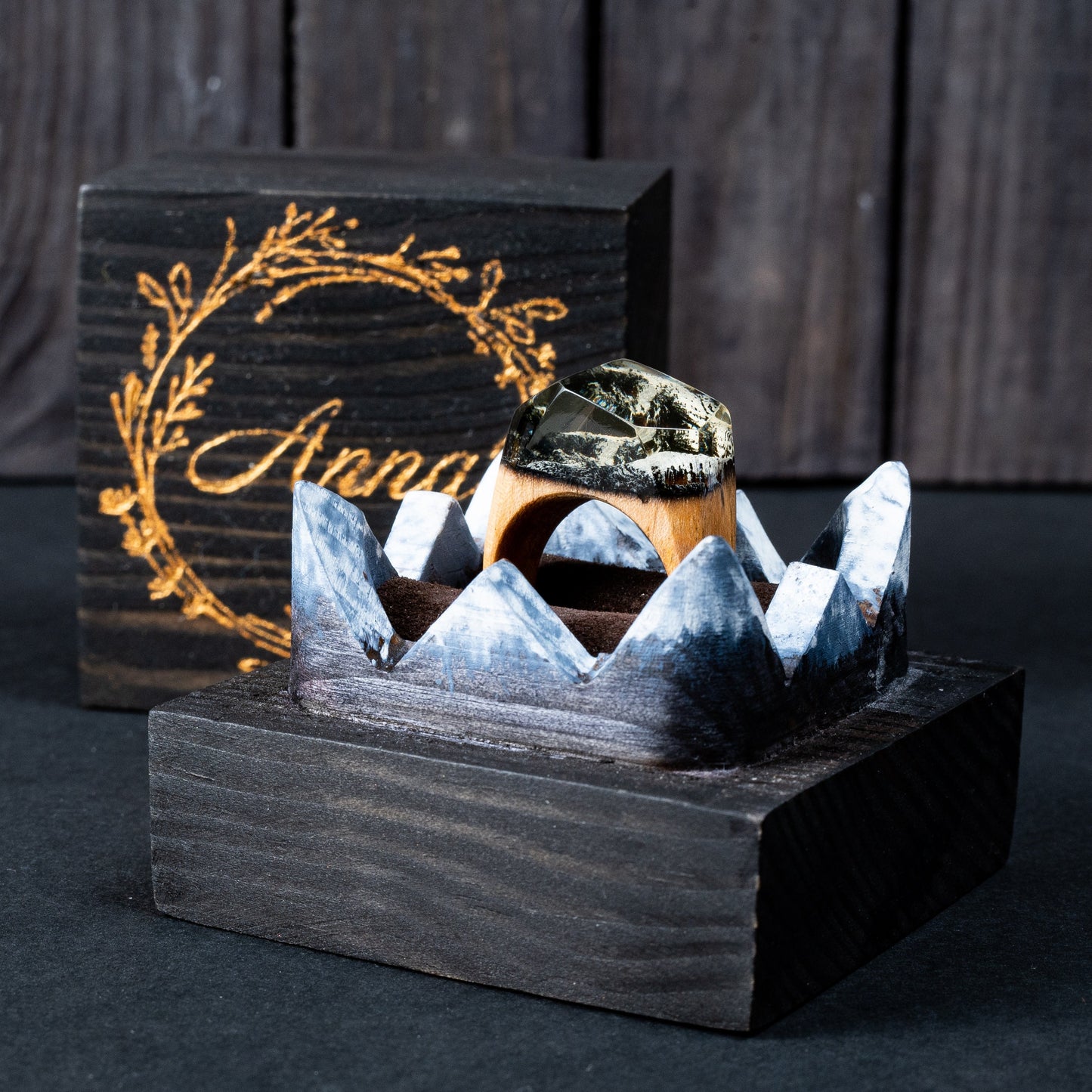 Handmade Mountain Landscape Resin Wood Ring, Anniversary Gift