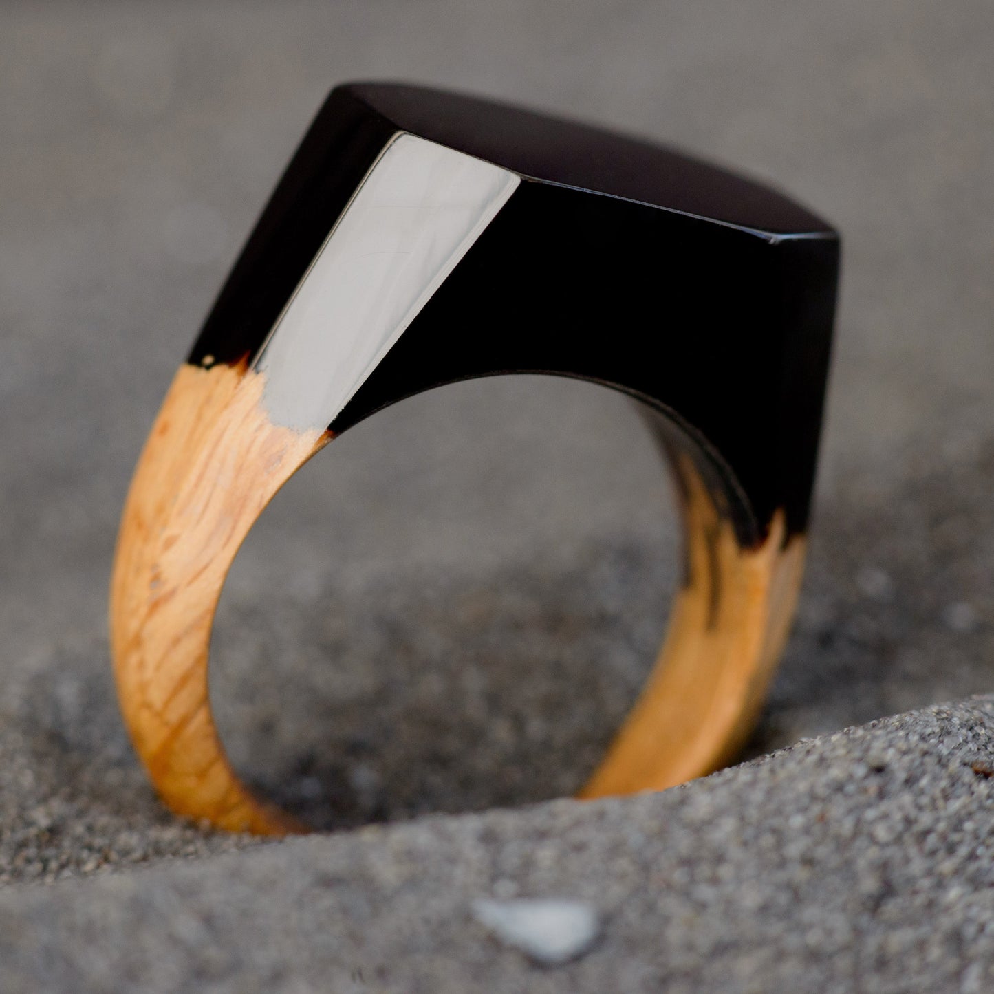 Obsidian Black Resin Ring: Unisex Wood Epoxy Ring in Gift Box