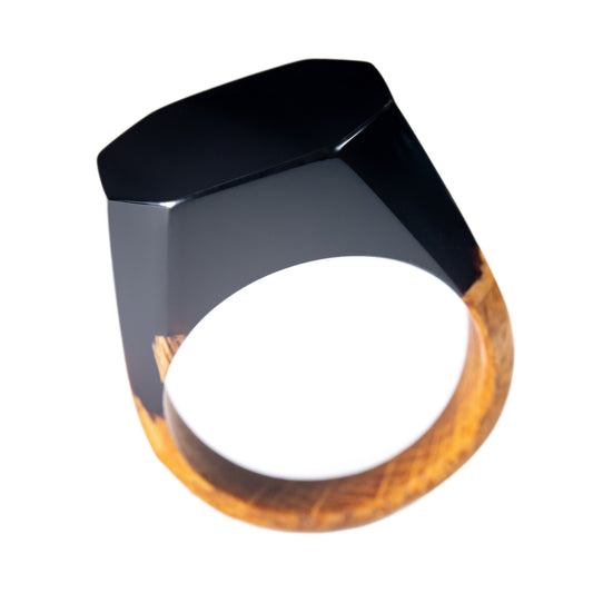 Obsidian Black Resin Ring: Unisex Wood Epoxy Ring in Gift Box