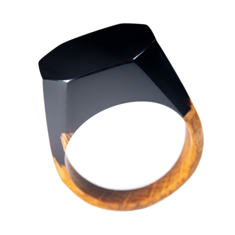Obsidian Black Resin Ring: Unisex Wood Epoxy Ring in Gift Box