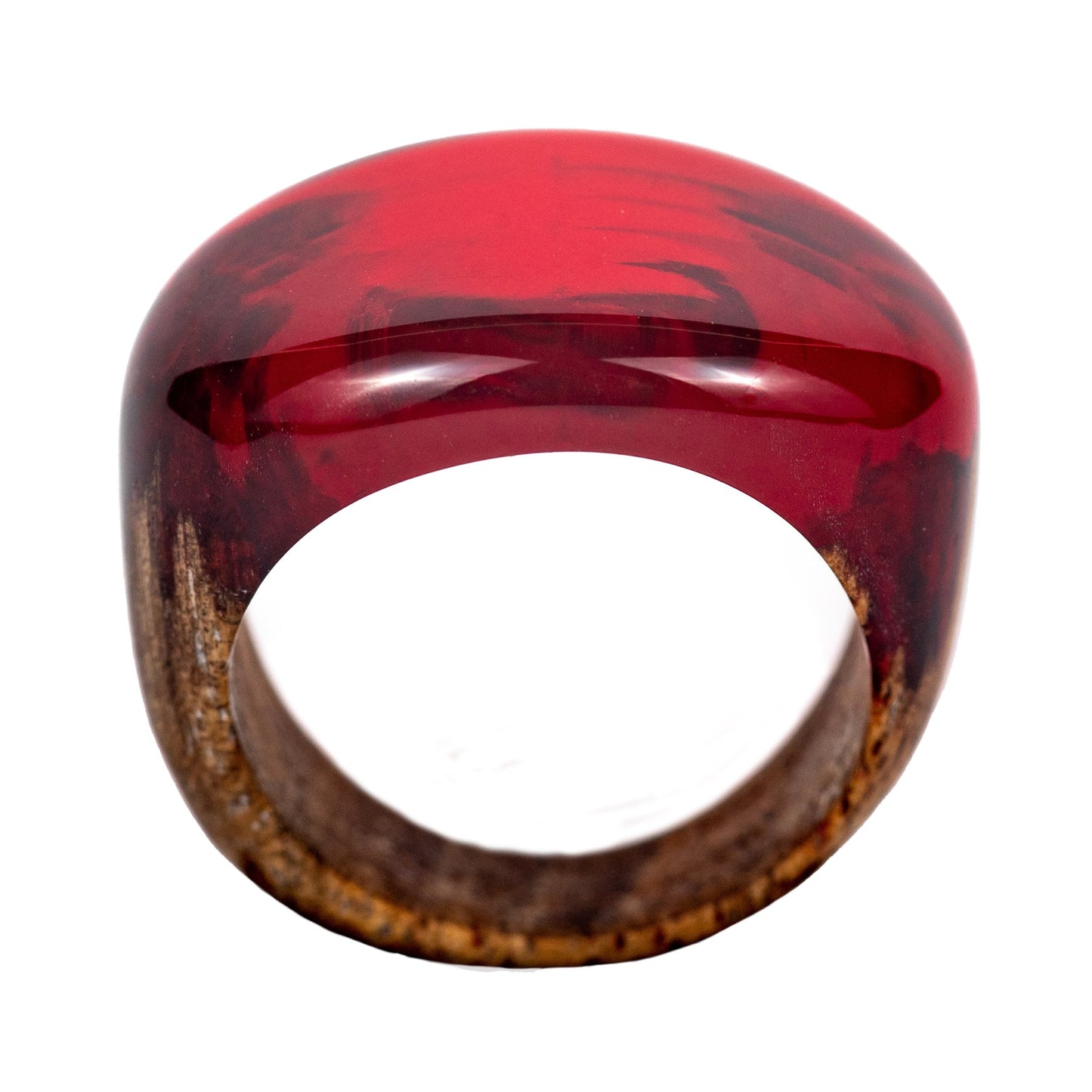 Handmade Ruby Red Resin Wood Ring: Unisex Low Profile