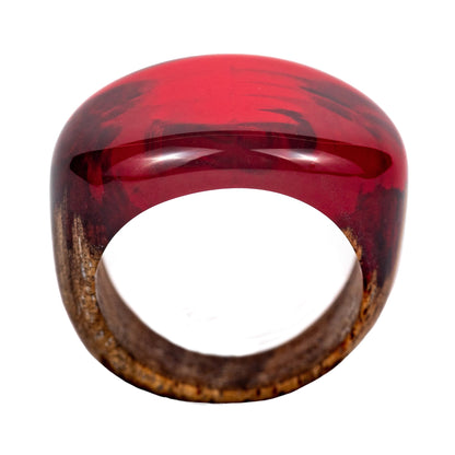 Handmade Ruby Red Resin Wood Ring: Unisex Low Profile