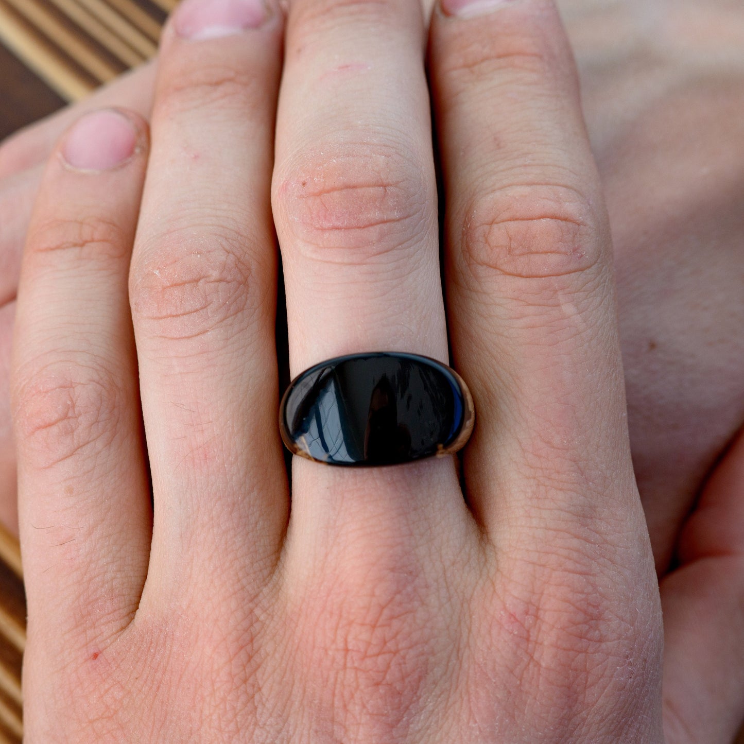 Obsidian Black Resin Wood Ring: Unisex Low Profile Band