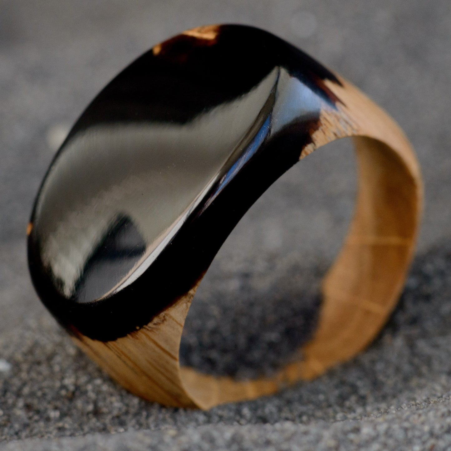 Obsidian Black Resin Wood Ring: Unisex Low Profile Band