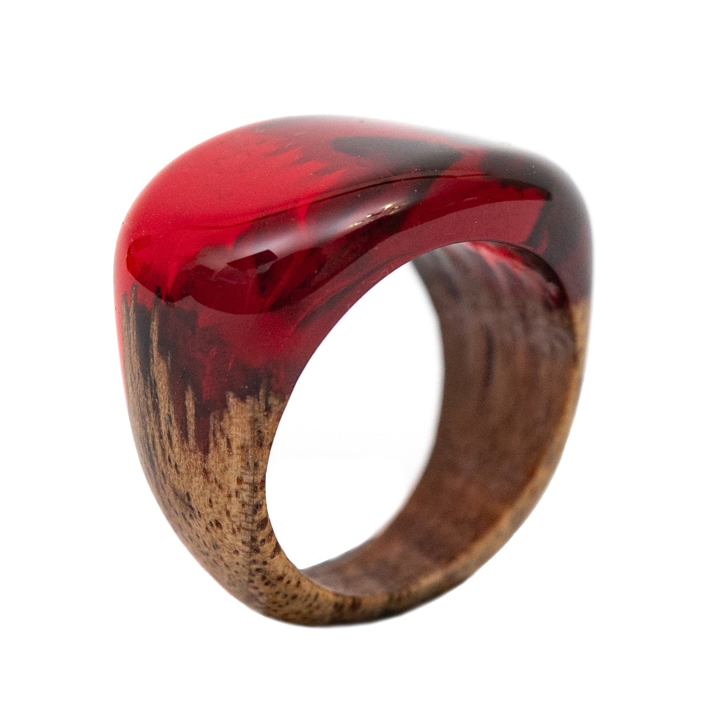 Handmade Ruby Red Resin Wood Ring: Unisex Low Profile
