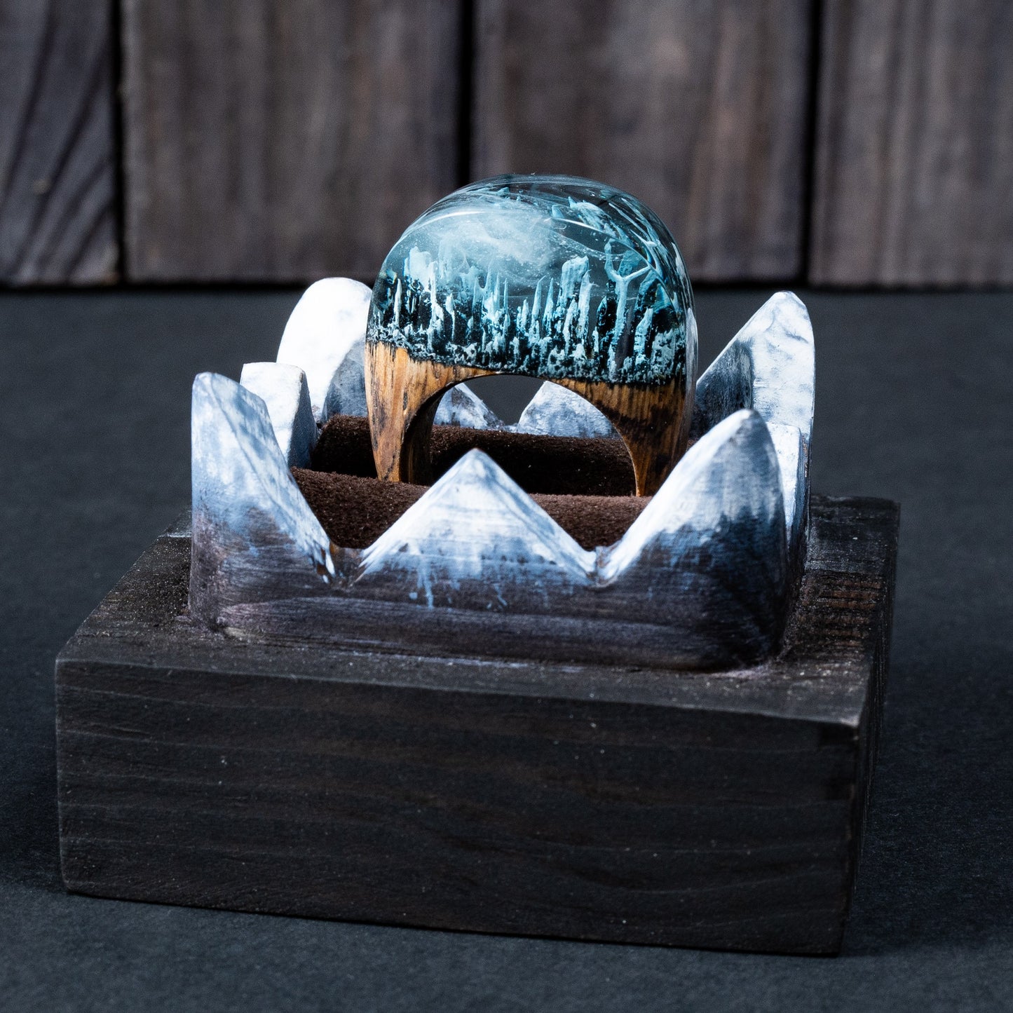 Enchanted Forest Wood Resin Ring: Snow Blizzard Landscape