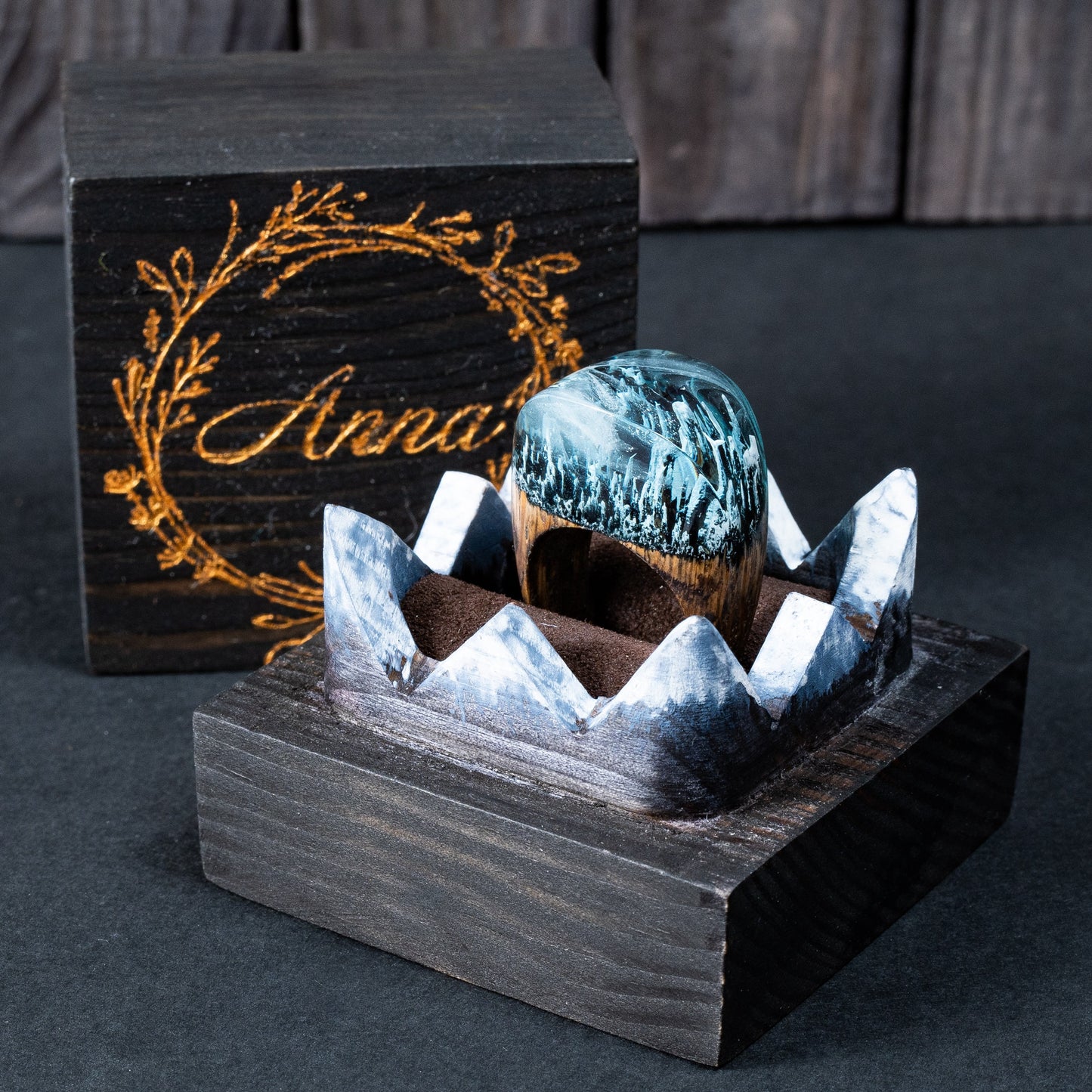 Enchanted Forest Wood Resin Ring: Snow Blizzard Landscape