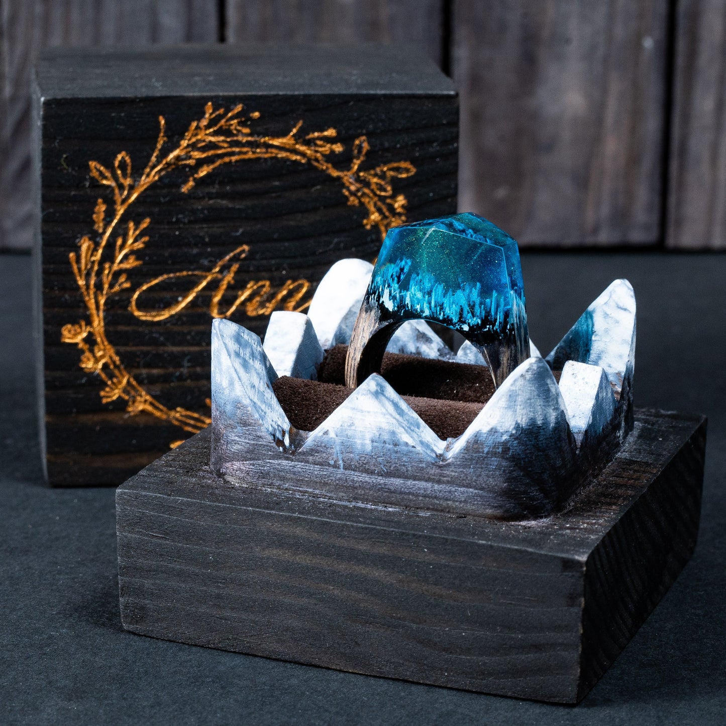 Aurora Borealis Resin Ring: Northern Lights Landscape, Oak Wood Band