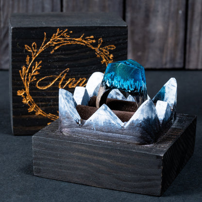 Aurora Borealis Resin Ring: Northern Lights Landscape, Oak Wood Band