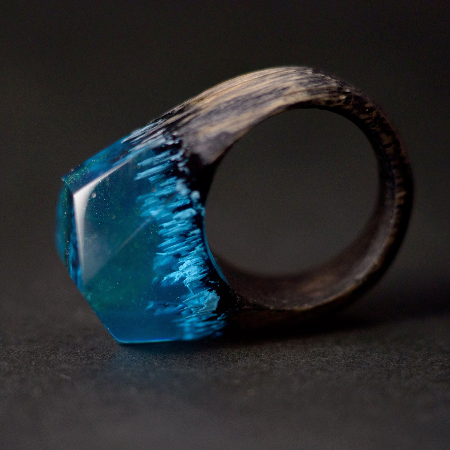 Aurora Borealis Resin Ring: Northern Lights Landscape, Oak Wood Band