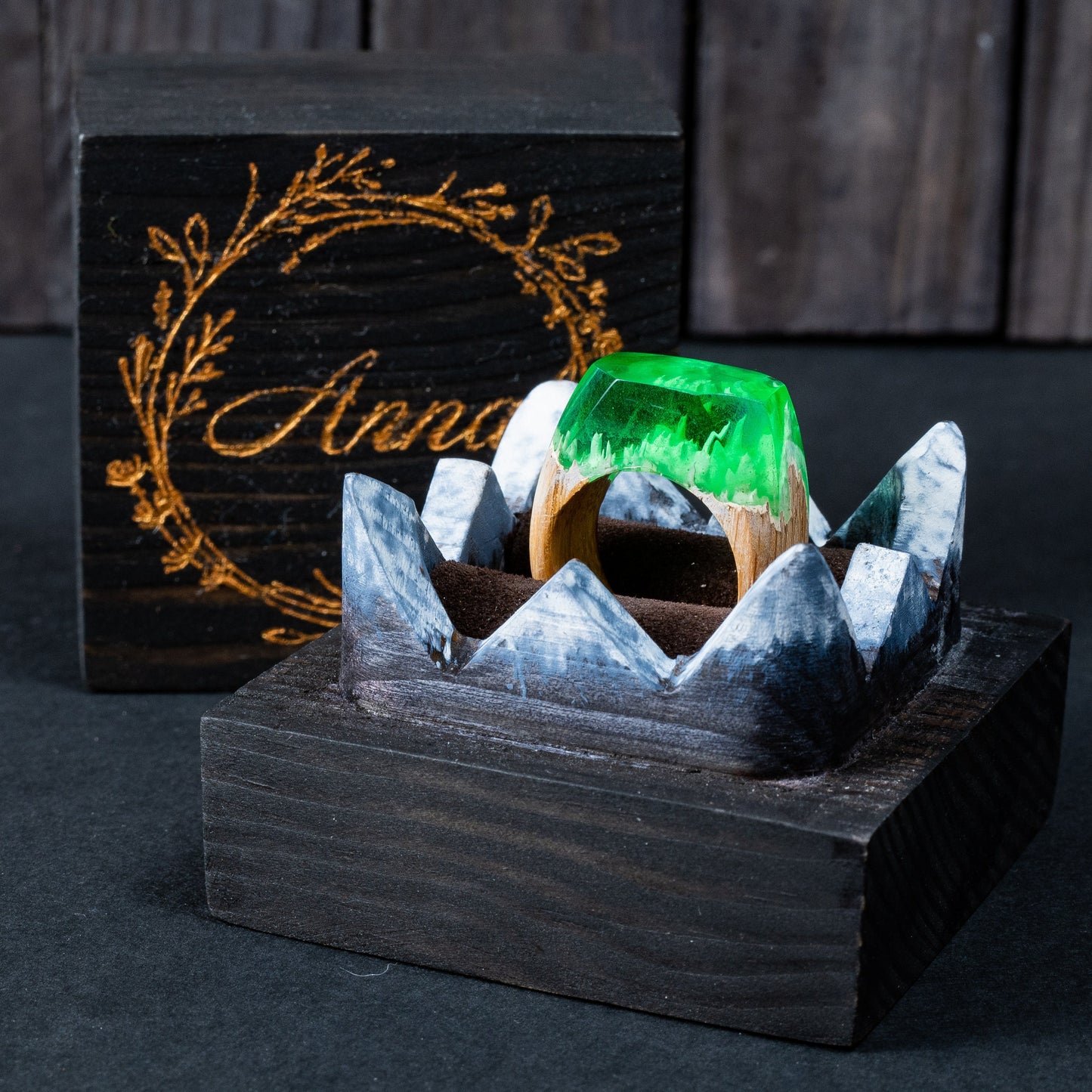 Green Resin Wood Ring, Handmade Hypoallergenic Jewelry, Ukraine Shop