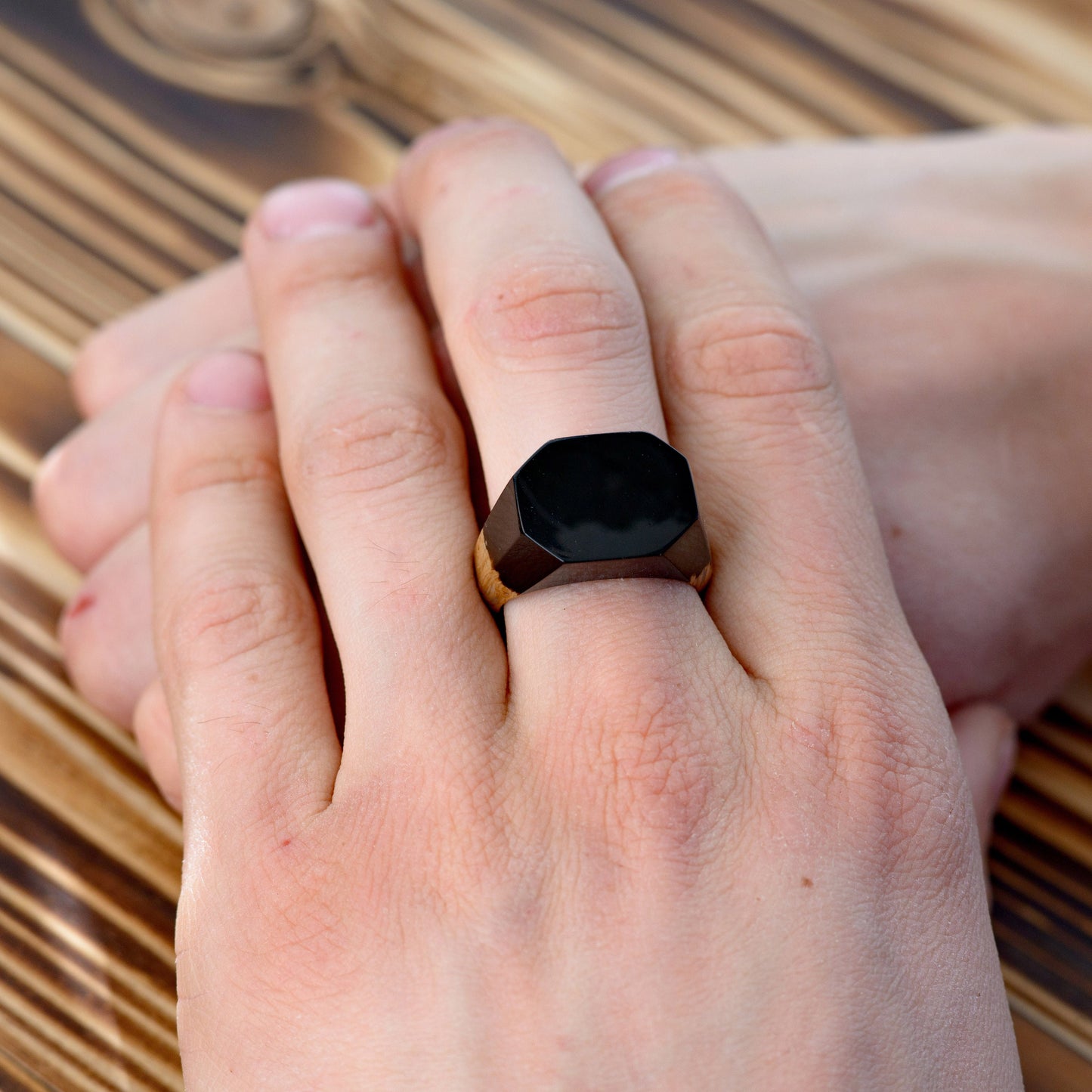 Obsidian Black Resin Ring: Unisex Wood Epoxy Ring in Gift Box