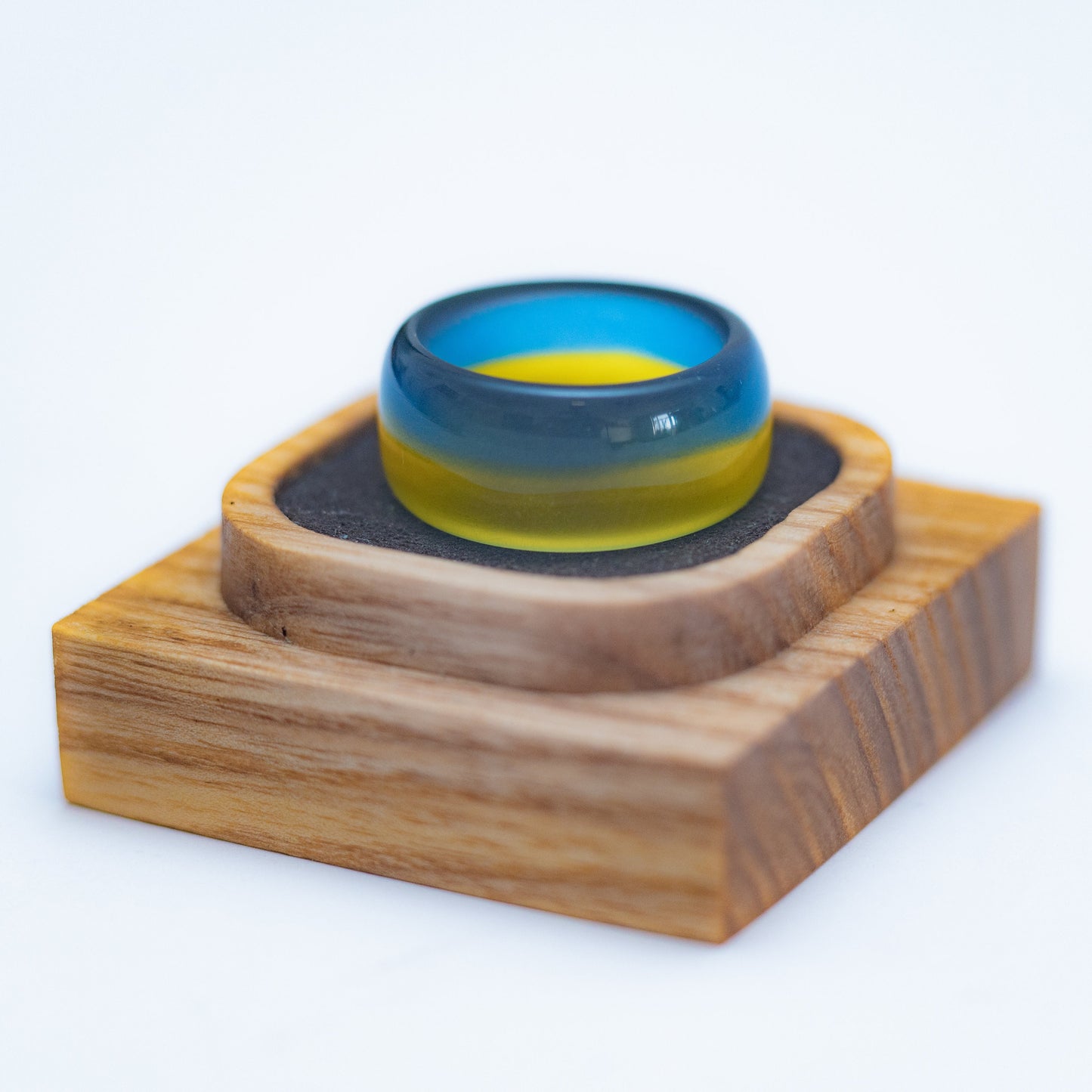 Handmade Ukraine Flag Resin Ring | Personalized Engraved Wooden Box | Patriotic Jewelry