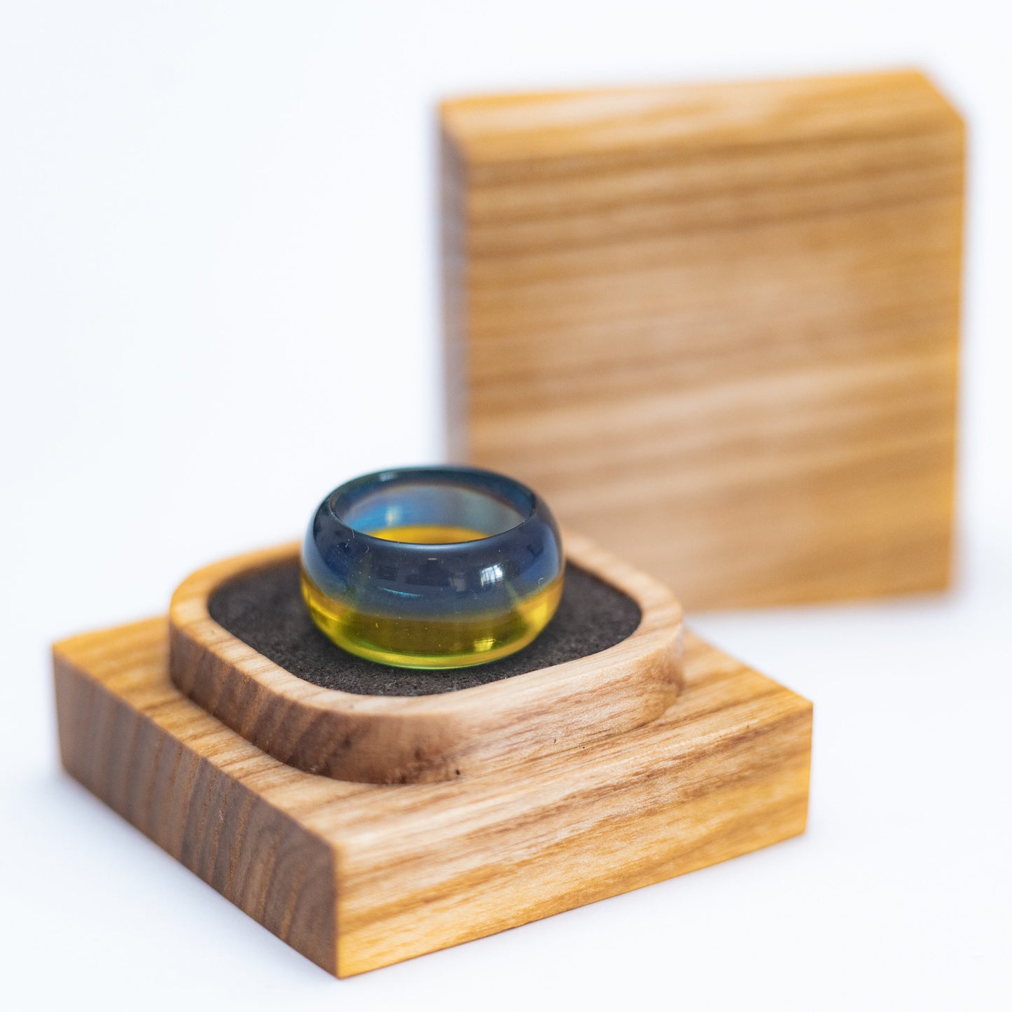 Handmade Ukraine Flag Resin Ring | Personalized Engraved Wooden Box | Patriotic Jewelry