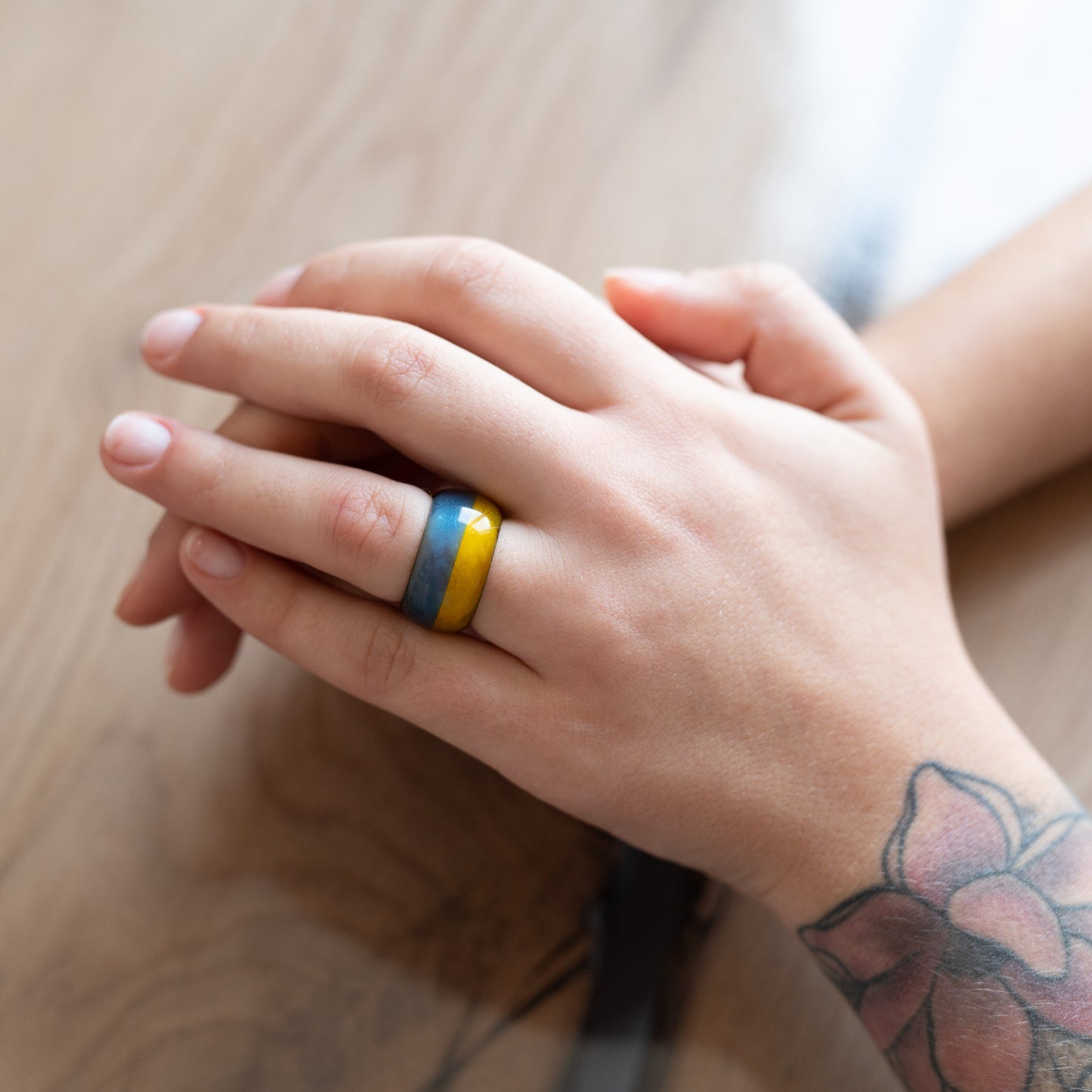 Handmade Ukraine Flag Resin Ring | Personalized Engraved Wooden Box | Patriotic Jewelry