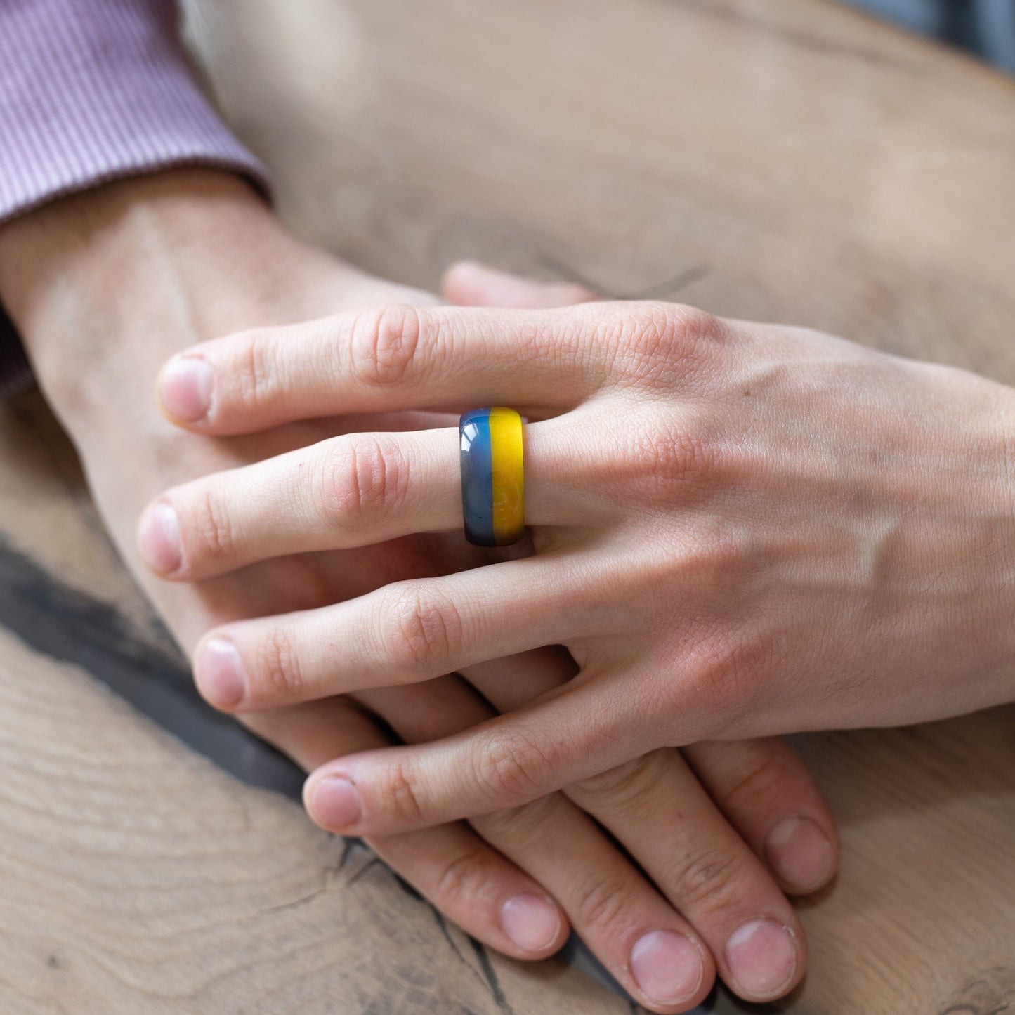Handmade Ukraine Flag Resin Ring | Personalized Engraved Wooden Box | Patriotic Jewelry