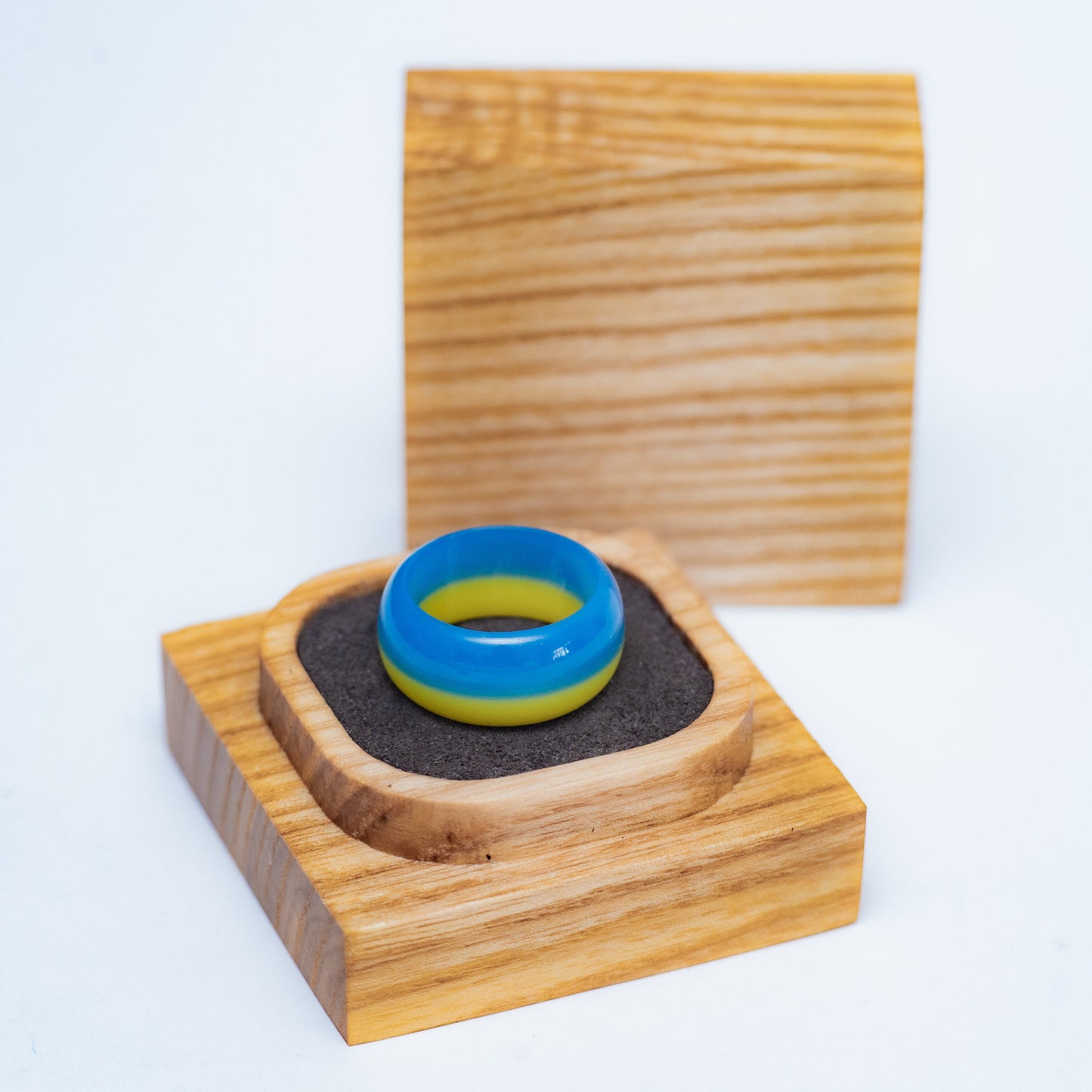 Handmade Ukraine Flag Resin Ring | Personalized Engraved Wooden Box | Patriotic Jewelry