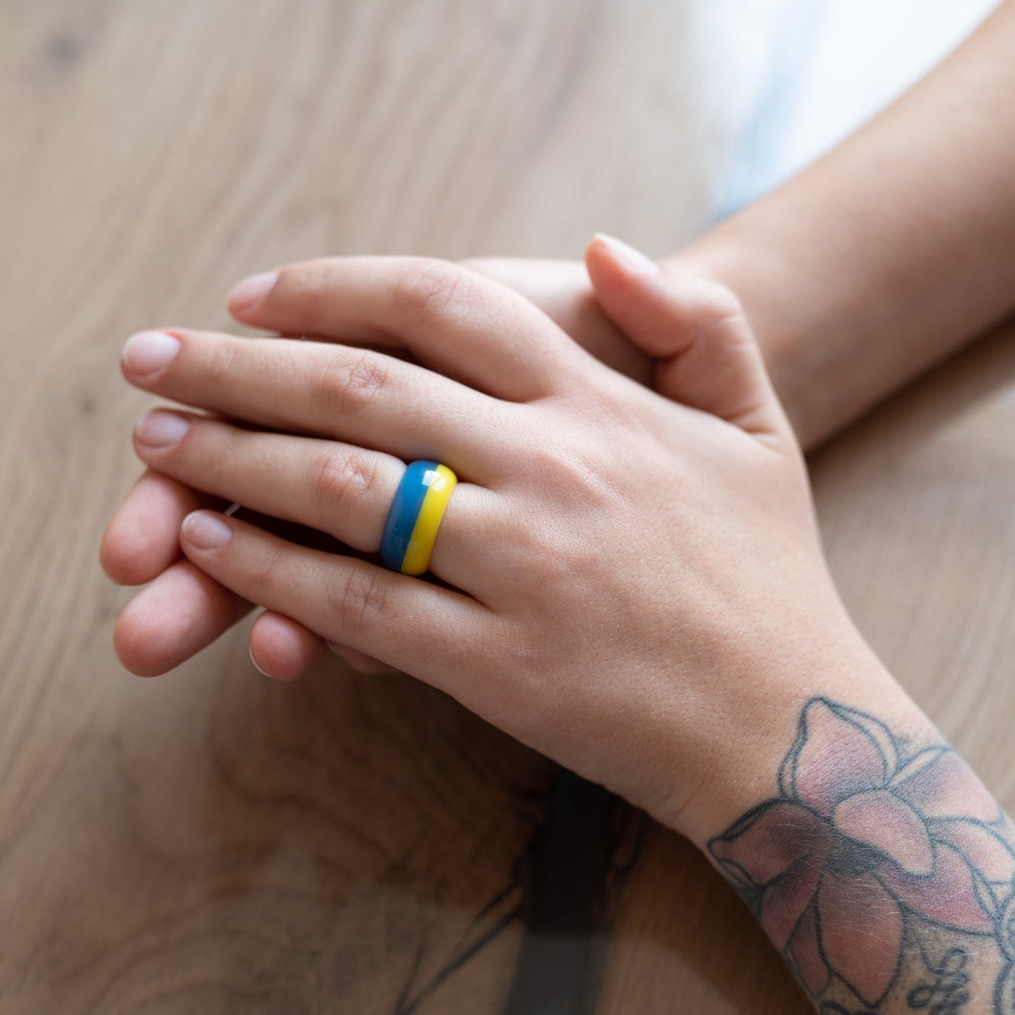Handmade Ukraine Flag Resin Ring | Personalized Engraved Wooden Box | Patriotic Jewelry