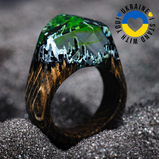 Green Aurora Borealis Resin Wood Ring, Handmade Oak Band