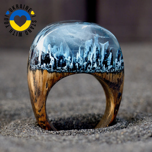 Enchanted Forest Wood Resin Ring: Snow Blizzard Landscape