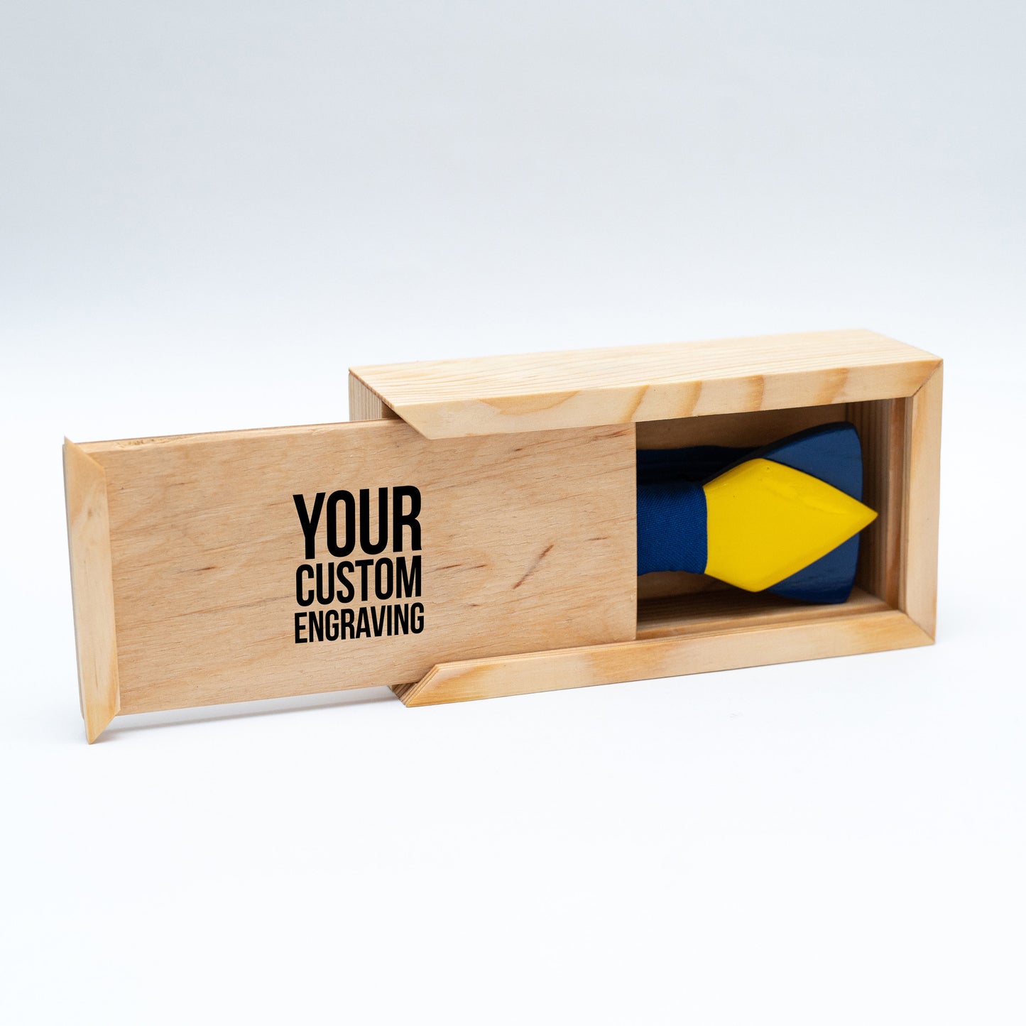 Blue and Yellow Wooden Bow Tie in Ukraine Colors with Personalized Wood Gift Box