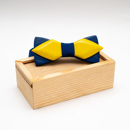 Blue and Yellow Wooden Bow Tie in Ukraine Colors with Personalized Wood Gift Box
