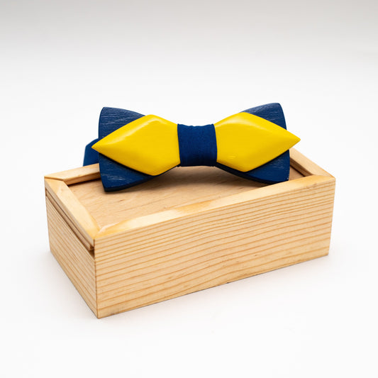 Blue and Yellow Wooden Bow Tie in Ukraine Colors with Personalized Wood Gift Box