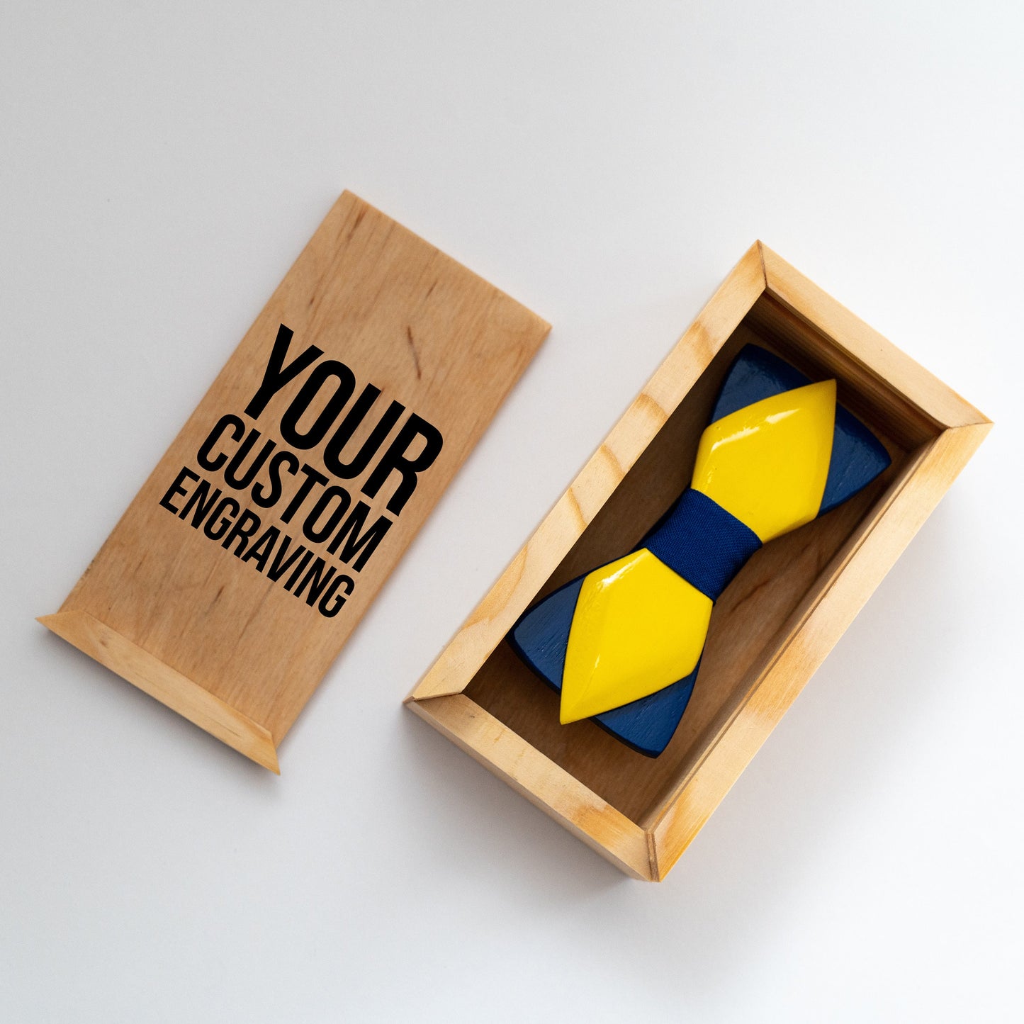 Blue and Yellow Wooden Bow Tie in Ukraine Colors with Personalized Wood Gift Box