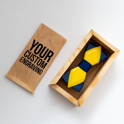 Blue and Yellow Wooden Bow Tie in Ukraine Colors with Personalized Wood Gift Box