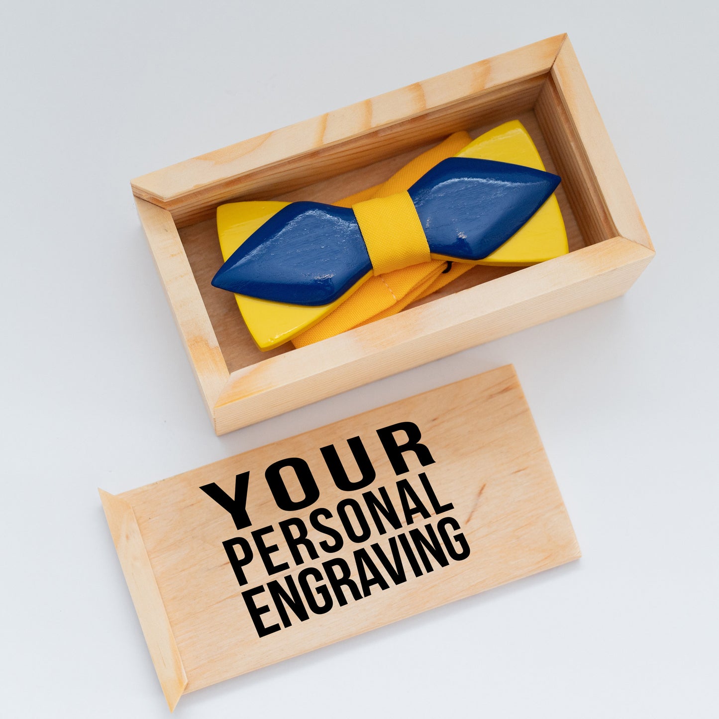 Wooden Bow Tie Yellow and Blue in Ukraine Colors with Personalized Wood Gift Box