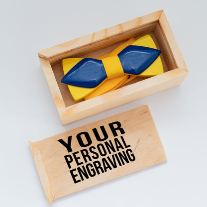 Wooden Bow Tie Yellow and Blue in Ukraine Colors with Personalized Wood Gift Box