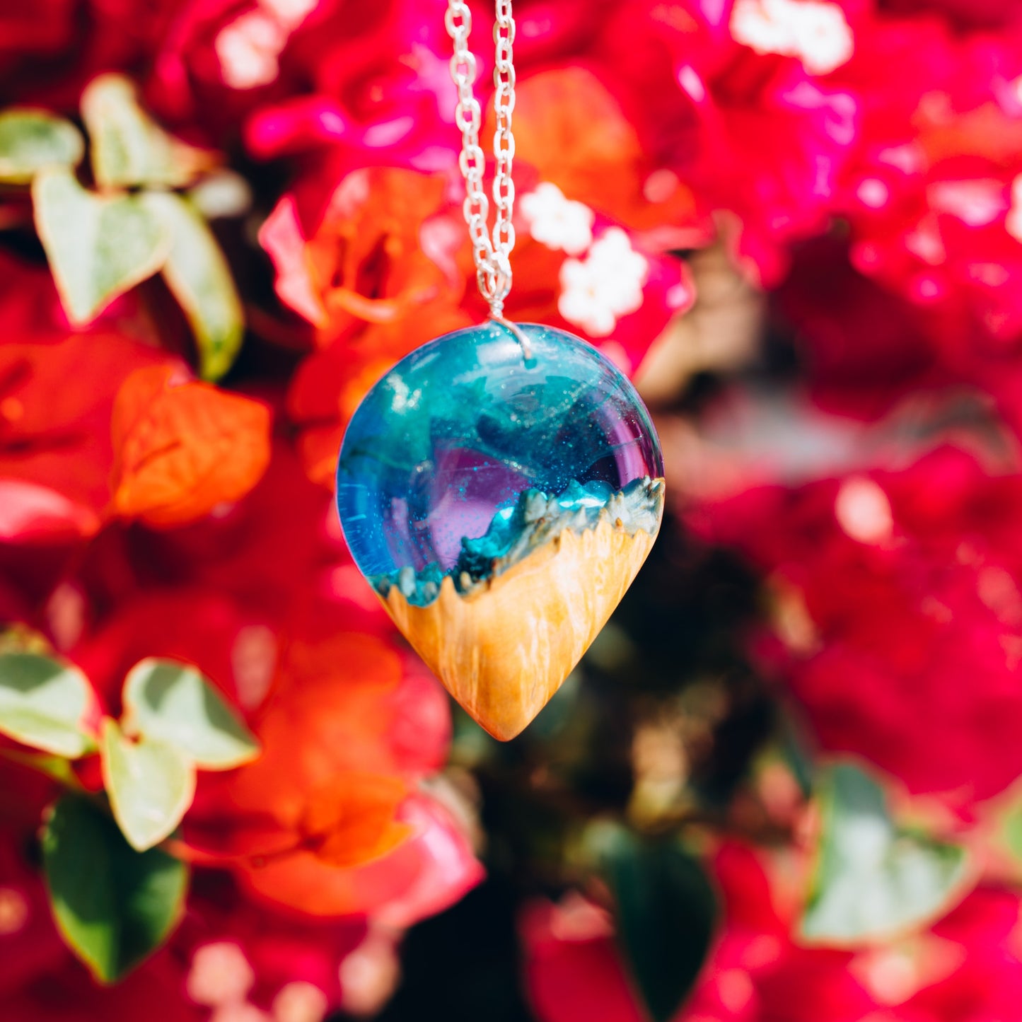 Aurora Borealis Wood Resin Pendant: Night Sky Necklace