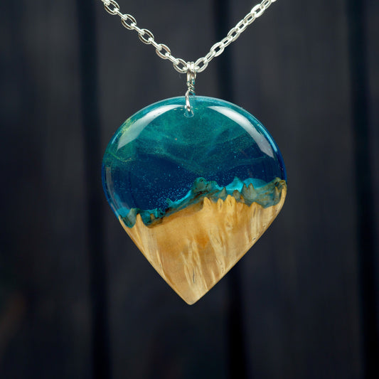 Aurora Borealis Wood Resin Pendant: Night Sky Necklace