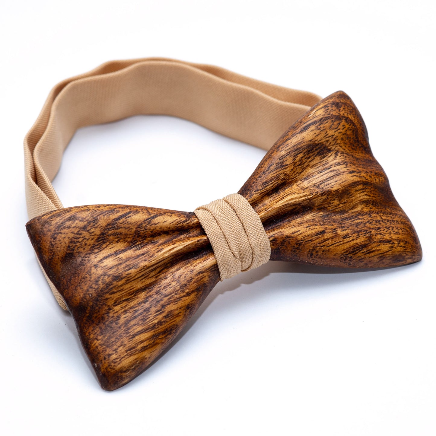 Brown Wooden Bow Tie For Men With Beige Stripe in Hardwood Gift Box
