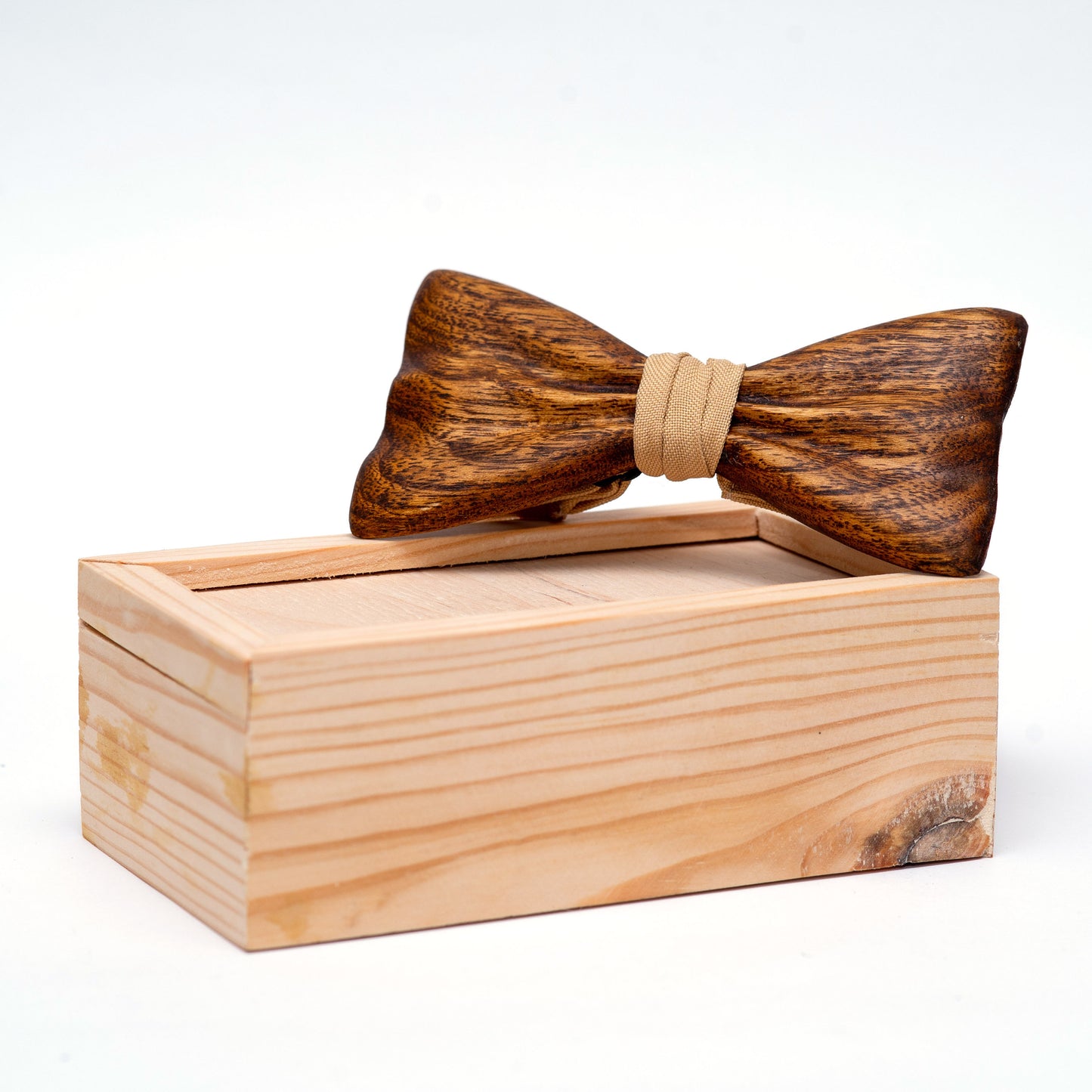 Brown Wooden Bow Tie For Men With Beige Stripe in Hardwood Gift Box