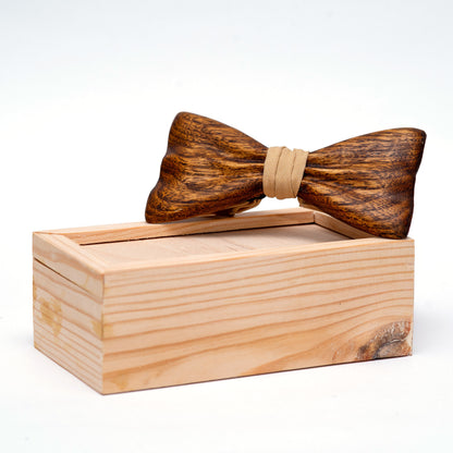 Brown Wooden Bow Tie For Men With Beige Stripe in Hardwood Gift Box