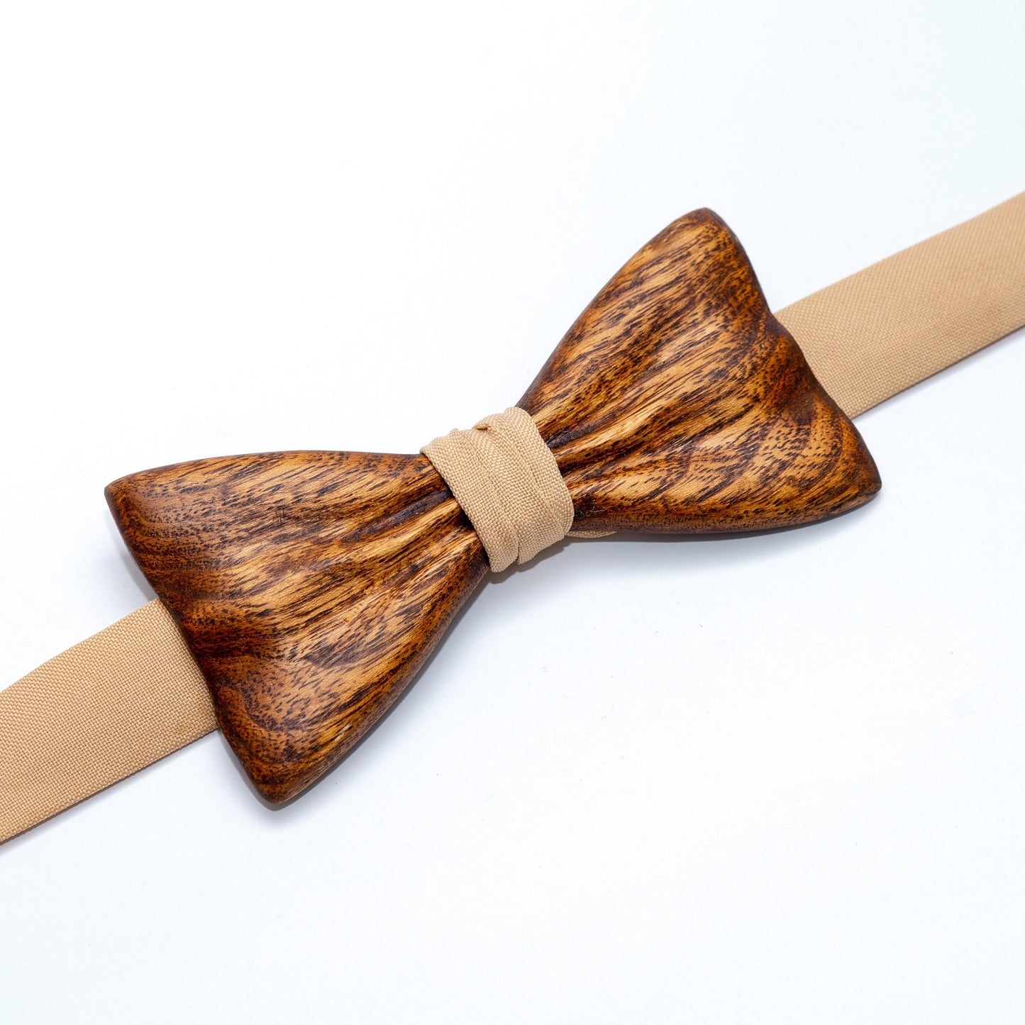 Brown Wooden Bow Tie For Men With Beige Stripe in Hardwood Gift Box