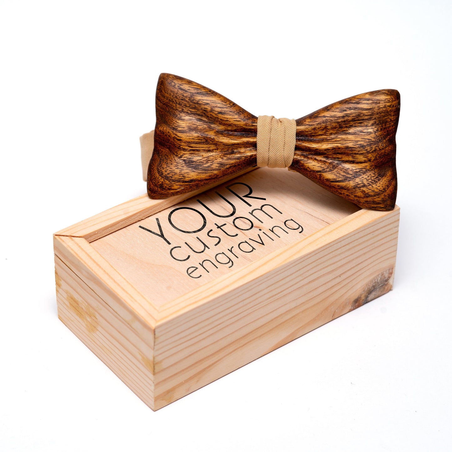 Brown Wooden Bow Tie For Men With Beige Stripe in Hardwood Gift Box
