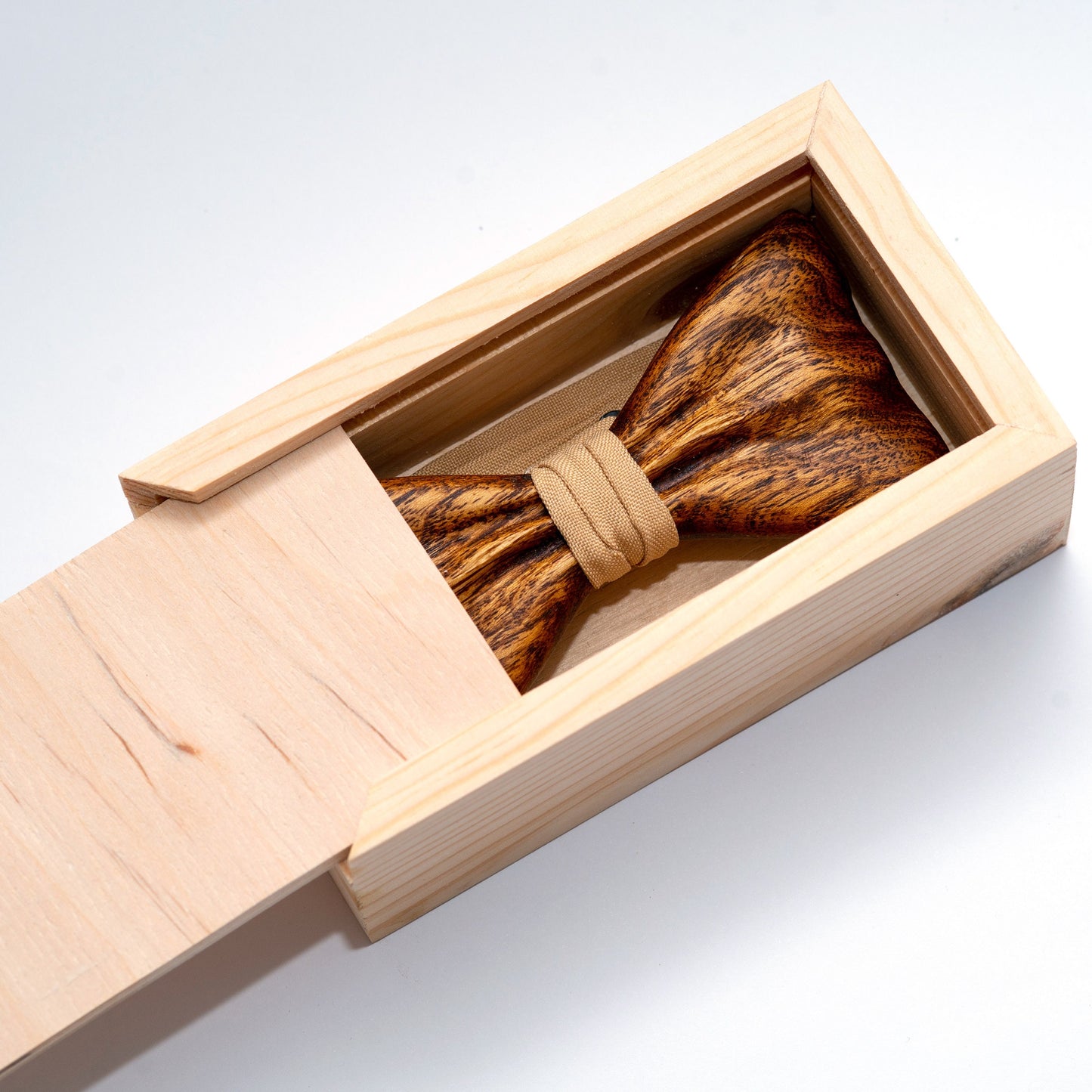 Brown Wooden Bow Tie For Men With Beige Stripe in Hardwood Gift Box