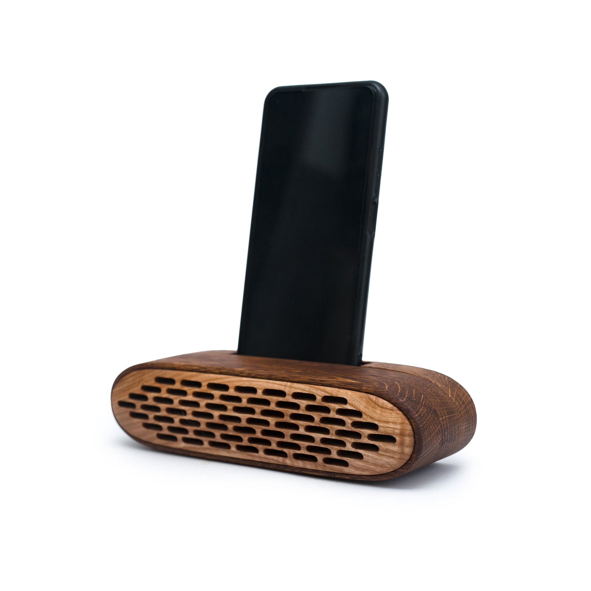 Smooth oak & ash wood phone holder – personalized desk accessory