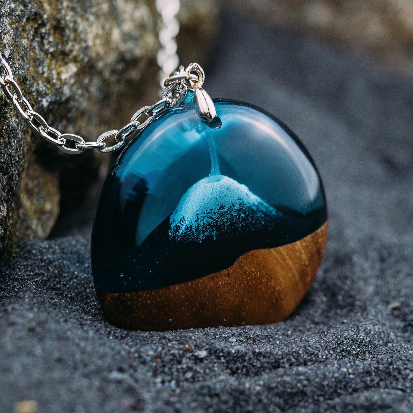 Wood Resin Mountain Pendant: Handmade Volcano Landscape Necklace