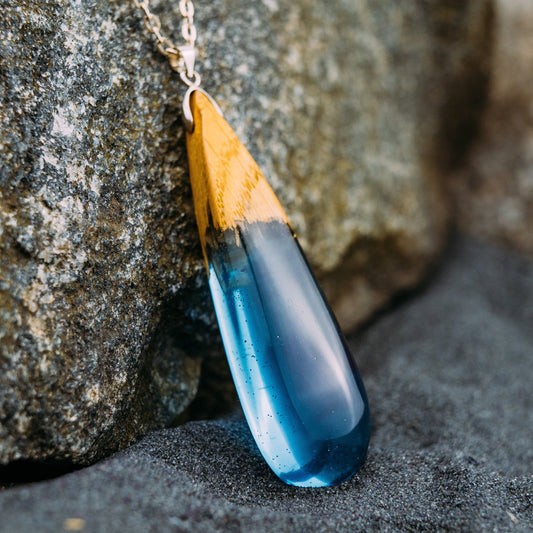Handmade Wood Resin Teardrop Necklace: 5th Anniversary Gift