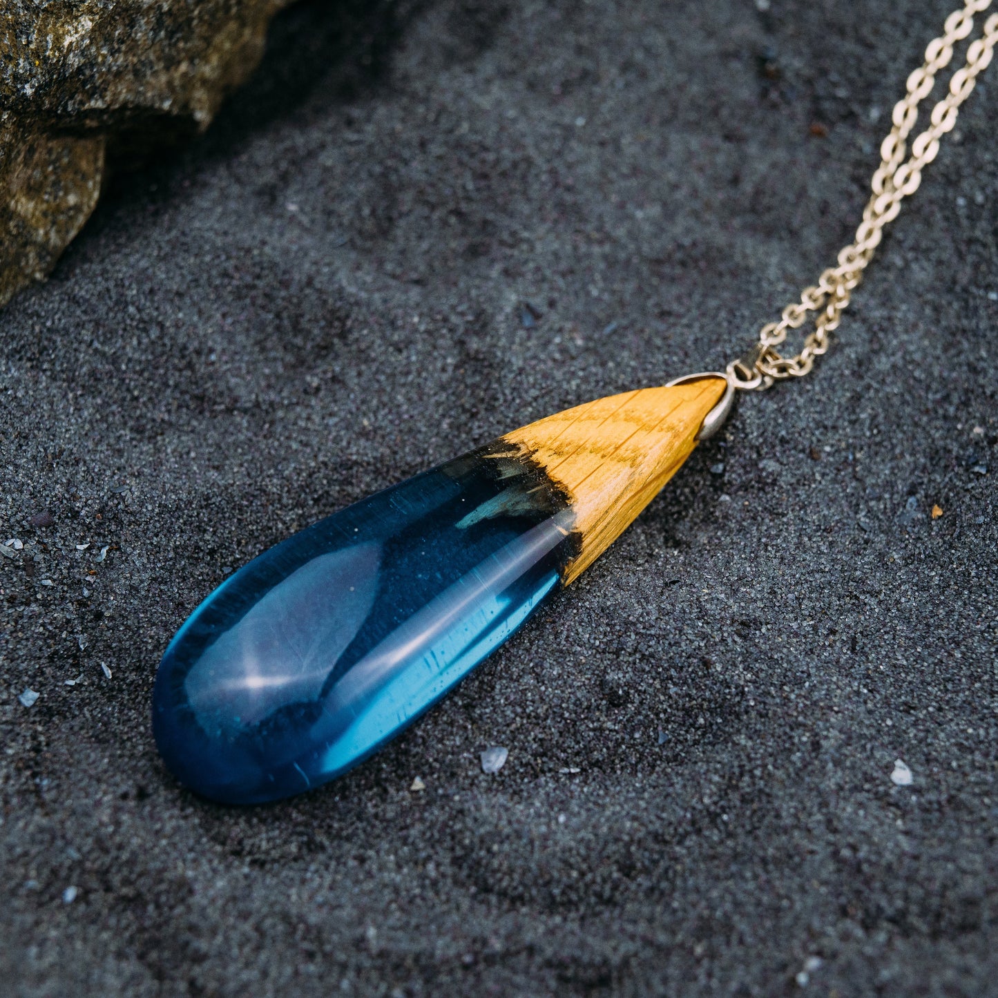 Handmade Wood Resin Teardrop Necklace: 5th Anniversary Gift