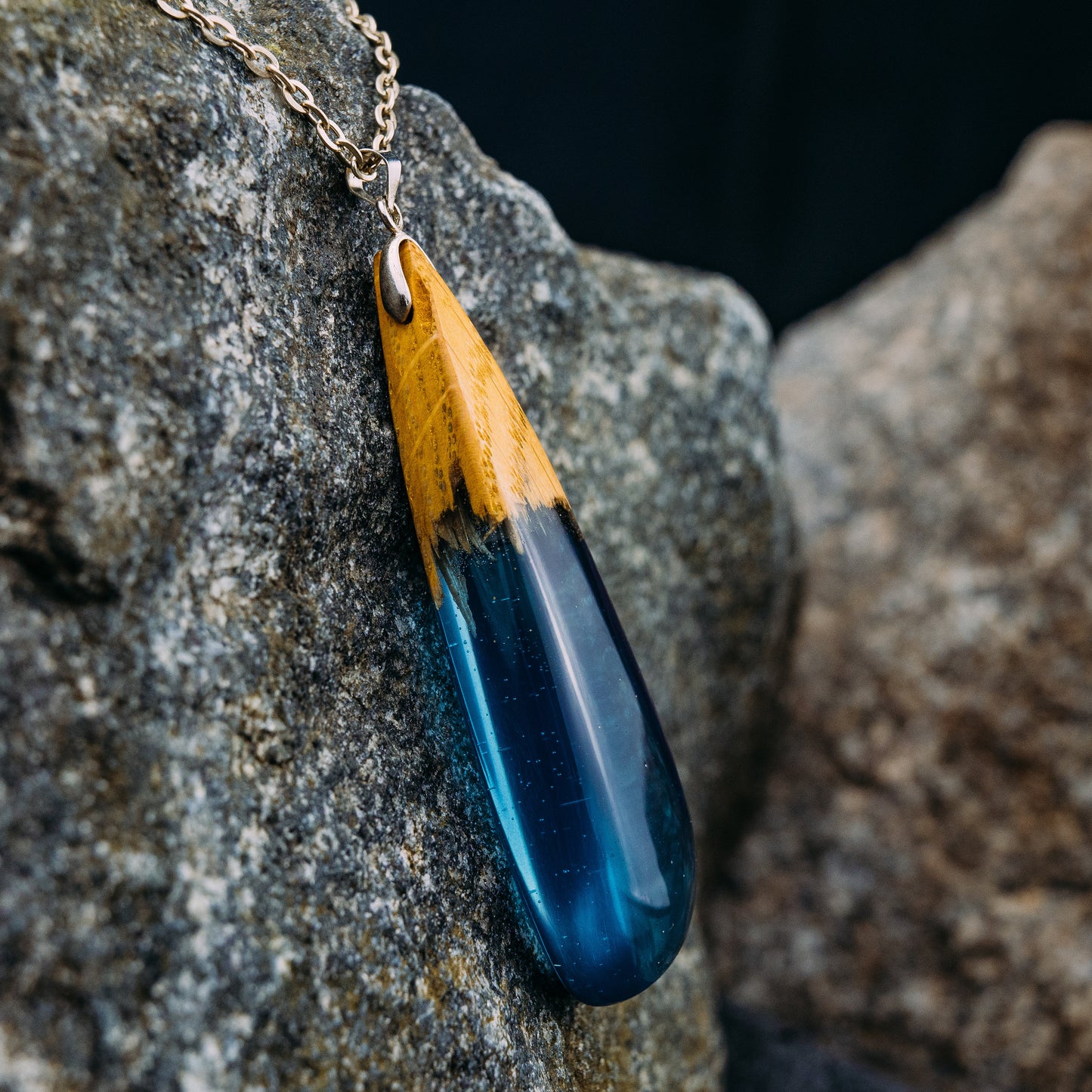 Handmade Wood Resin Teardrop Necklace: 5th Anniversary Gift