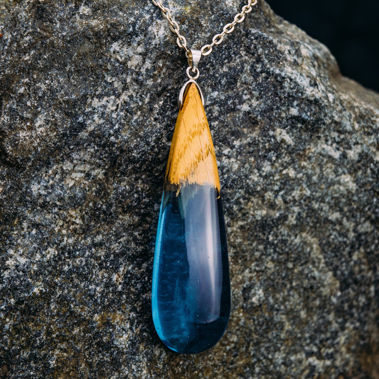 Handmade Wood Resin Teardrop Necklace: 5th Anniversary Gift