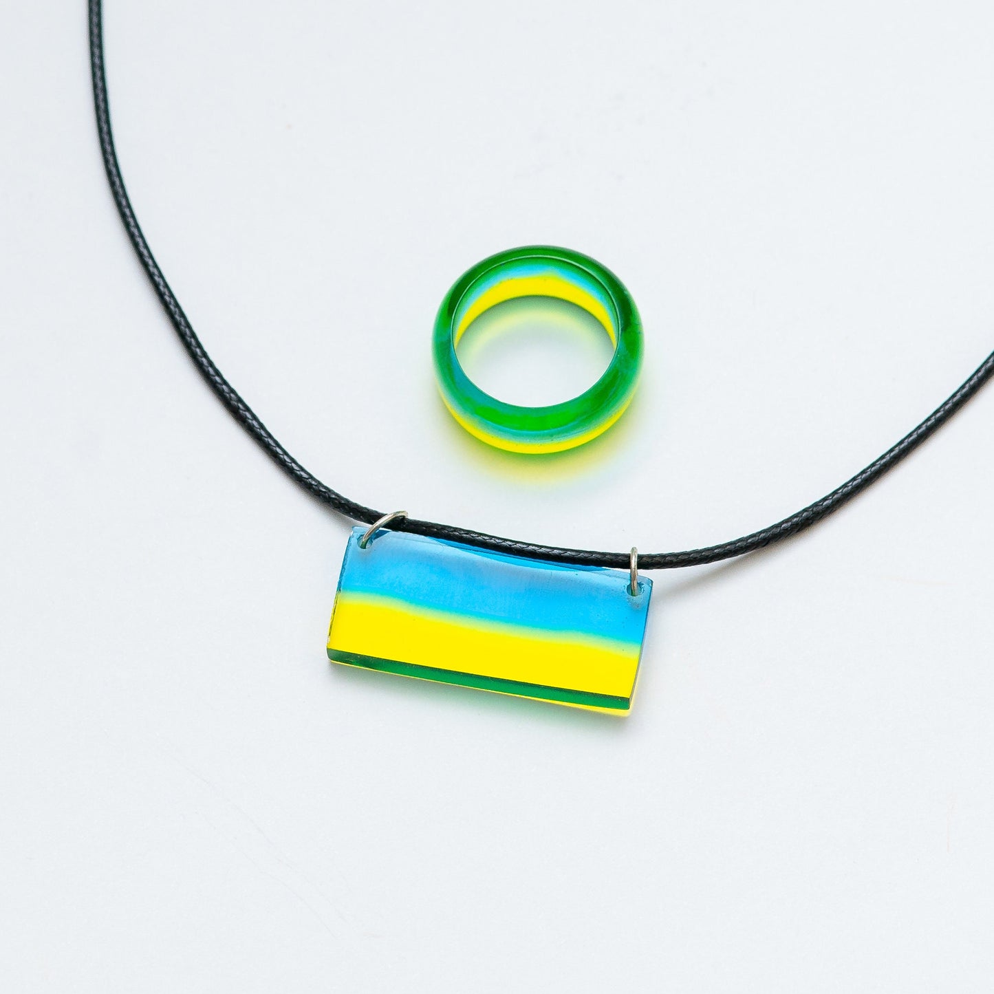 Ukraine Flag Resin Ring and Pendant Set | Engraved Wooden Box